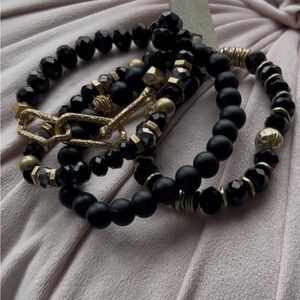 Garden Party 4-Black/Gold Beaded Stretch Stack Bohemian Bracelet Set - New w/Tag